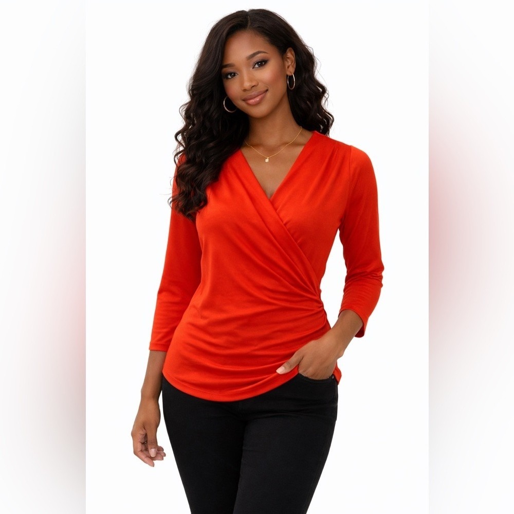 New York & Company Red Surplice Faux Wrap Top 3/4 Sleeve Side Ruched XS